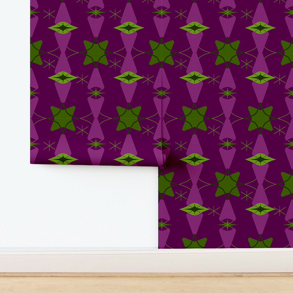 The artwork features a repeating geometric pattern of symmetrical shapes resembling elongated, curved diamonds or petals in various shades of blue and green. Each shape is split vertically with one half filled with a light blue and the other half filled with green or darker blue. The background is a light, almost pastel blue, which provides a soft yet vibrant backdrop. One of the blue shapes near the upper left contains a white starburst element, adding a focal point of brightness to the composition. The overall design conveys a modern, mid-century aesthetic with clean lines and harmonious color contrasts.